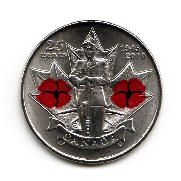 КАНАДА 25 центов 2010 UNC «65 ПОБЕДЕ ВО ВТОРОЙ МИРОВОЙ ВОЙНЕ» (цветная)