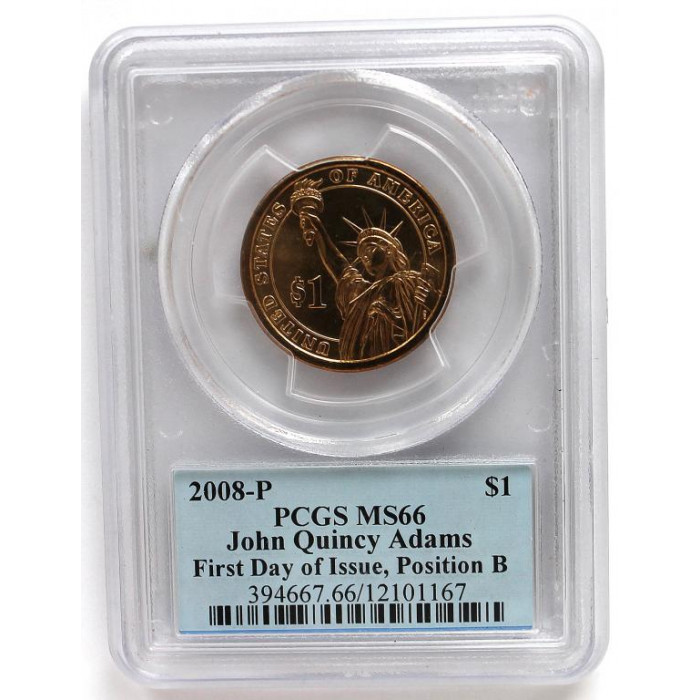 США 1 доллар 2008 (P) UNC «ПРЕЗИДЕНТЫ США» ДЖОН КВИНСИ АДАМС в слабе PCGS M66