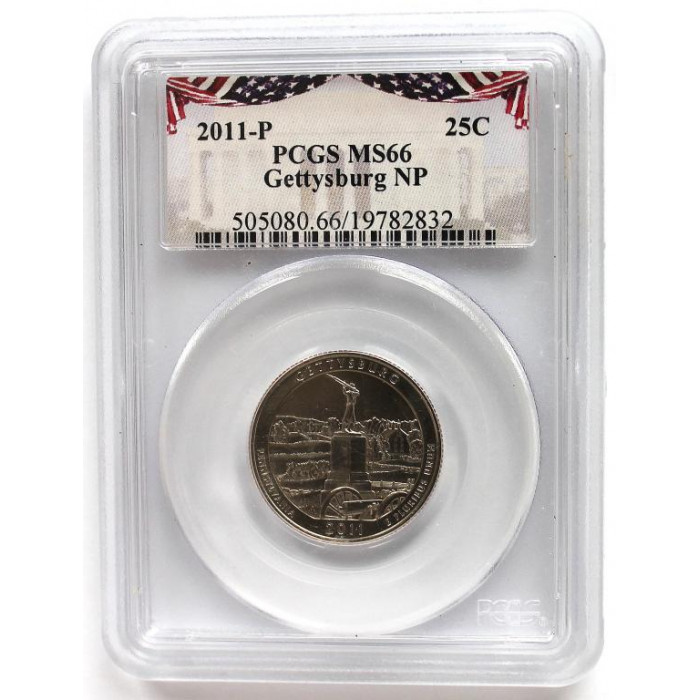 США 25 центов 2011 (P) UNC «ПРЕКРАСНАЯ АМЕРИКА» ГИТТИСБЕРГ в слабе PCGS MS66