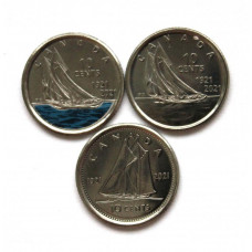 КАНАДА набор из 3 монет 10 центов 2021 UNC «100 ЛЕТ СО ДНЯ СОЗДАНИЯ ШХУНЫ «BLUENOSE»