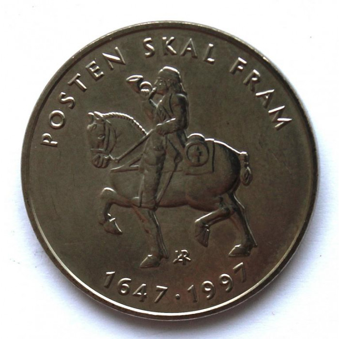 НОРВЕГИЯ 5 крон 1997 (KM# 461) UNC «350 ЛЕТ НОРВЕЖСКОЙ ПОЧТОВОЙ СЛУЖБЕ»