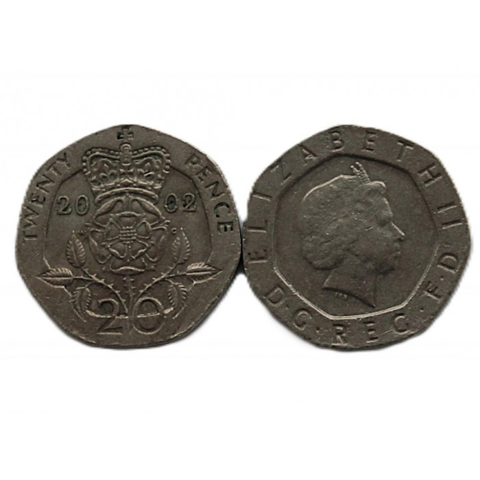 ВЕЛИКОБРИТАНИЯ 20 пенсов 2002 (KM# 990). Коронационная Роза Тюдоров