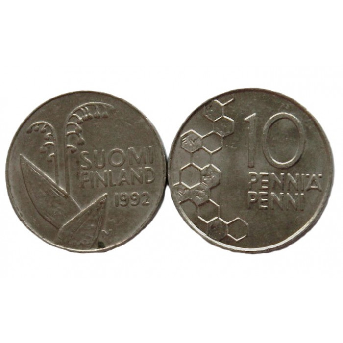 ФИНЛЯНДИЯ 10 пенни 1992 (KM# 65) Ландыш - Пчелиные соты
