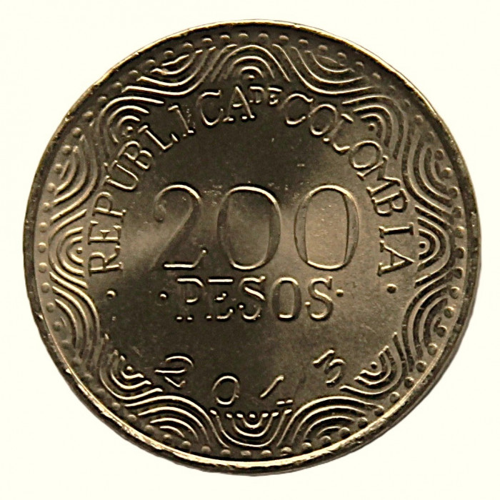 КОЛУМБИЯ 200 песо 2013 UNC. Птица попугай - Красный ара КОЛУМБИЯ 200 песо 2013 UNC. Птица попугай - Красный ара