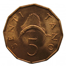 ТАНЗАНИЯ 5 сенти 1976 UNC. Рыба Парусник