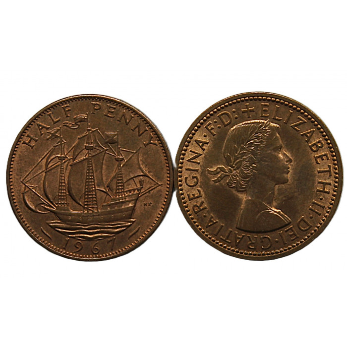ВЕЛИКОБРИТАНИЯ 1/2 пенни 1967 UNC. «Золотая лань» - английский галеон, обогнувший земной шар.