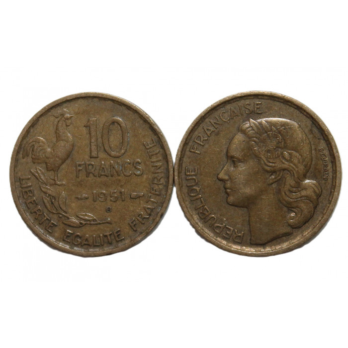 ФРАНЦИЯ 10 франков 1951 «B» (KM# 915.2) Петух
