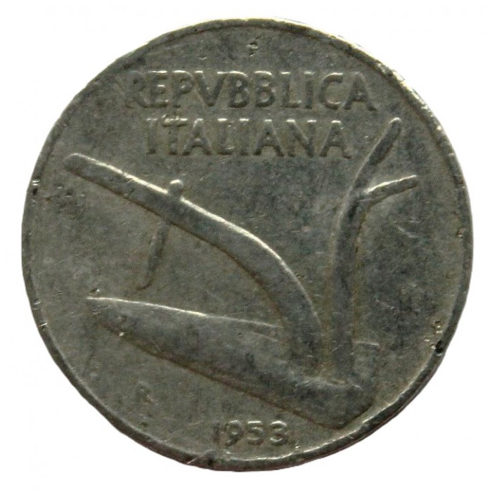 ИТАЛИЯ 10 лир 1953 (KM# 93) Пшеничные колосья и плуг