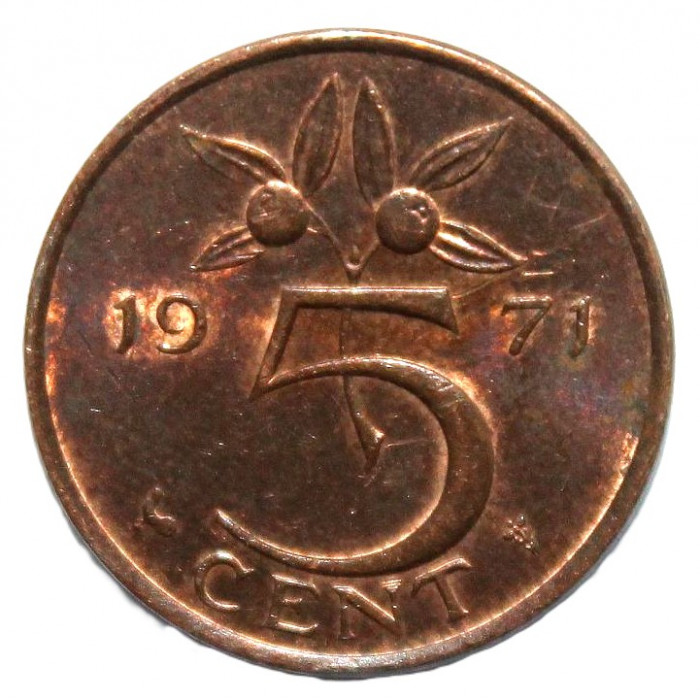 НИДЕРЛАНДЫ 5 центов 1971 ( KM# 181) Юлиана. Ветка с апельсинами
