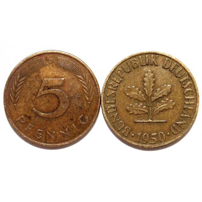 ГЕРМАНИЯ (ФРГ) 5 пфеннигов 1950 D