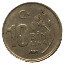 ТУРЦИЯ 10000 лир 1997 (KM# 1027.3 - надпись по гурту «ТС» ) Цветок гвоздики