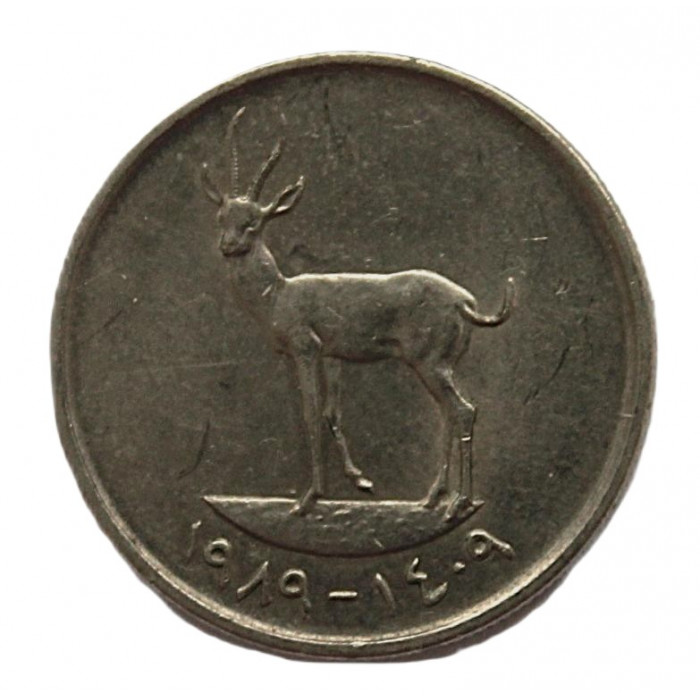 ОАЭ. Объединенные Арабские Эмираты 25 филсов 1989 (KM# 4). Песчаная газель ОАЭ. Объединенные Арабские Эмираты 25 филсов 1989 (KM# 4). Песчаная газель