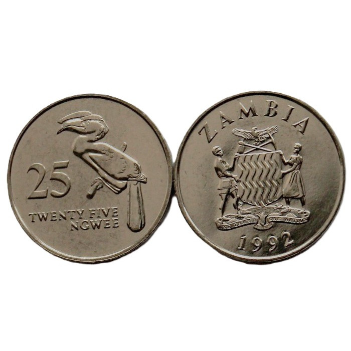 ЗАМБИЯ 25 нгве 1992 UNC. Птица носорог