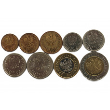 ПОЛЬША набор из 9 монет 2017-2024 (1, 2, 5, 10, 20, 50 грошей; 1, 2, 5 злотых)