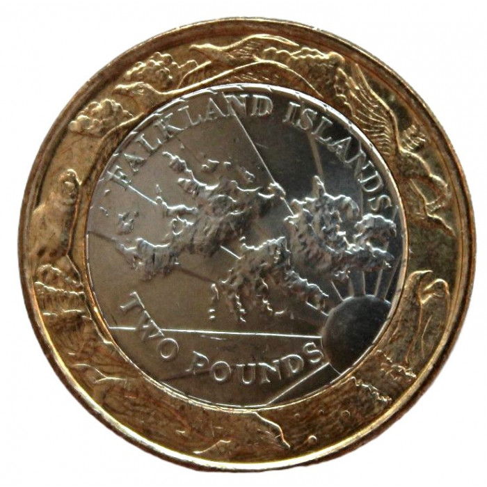 ФОЛКЛЕНДСКИЕ ОСТРОВА 2 фунта 2004 UNC. «30 лет монетам Фолклендов». Карта островов