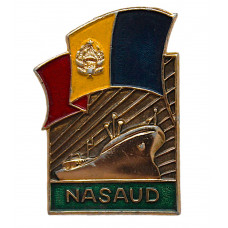 СССР нагрудный знак «NASAUD». Спуск на воду сухогруза для Румынии. Адмиралтейский завод. Ленинград