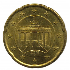 ГЕРМАНИЯ 20 евроцентов 2016 (J) aUNC. Бранденбургские ворота в Берлине