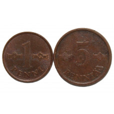 ФИНЛЯНДИЯ 1 пенни 1965 и 5 пенни 1975 (комплект из 2 монет)