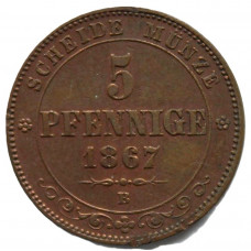 САКСОНИЯ 5 пфеннигов 1867 (KM#1218) Иоганн