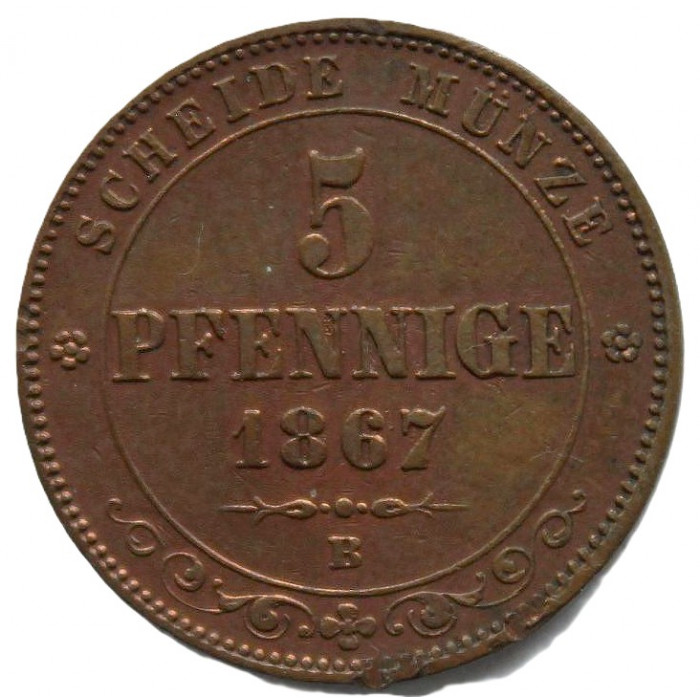 САКСОНИЯ 5 пфеннигов 1867 (KM#1218) Иоганн