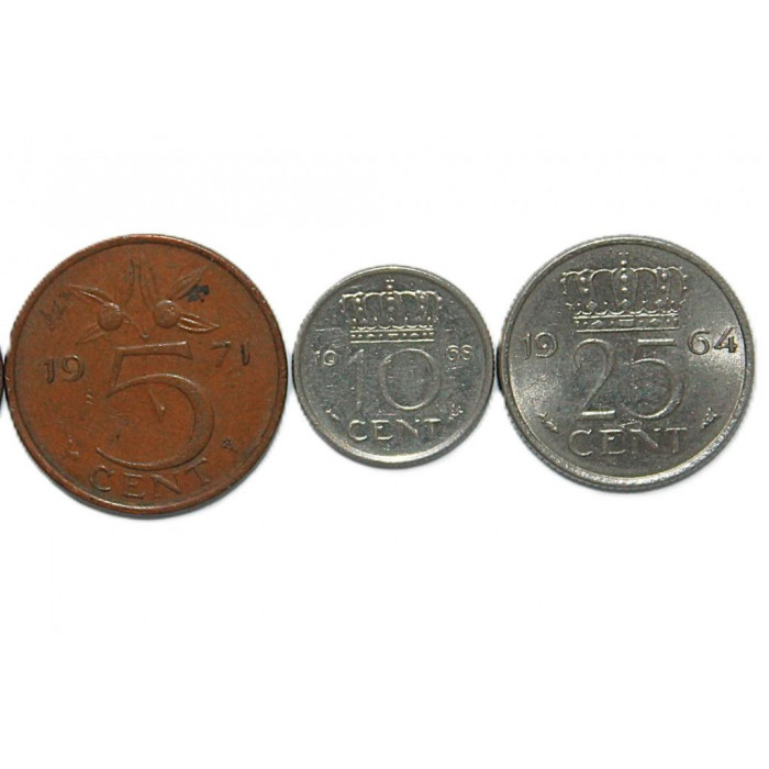 НИДЕРЛАНДЫ подборка из 3 монет "ЮЛИАНА". Серия 1950-1980 гг. (5, 10, 25 центов)