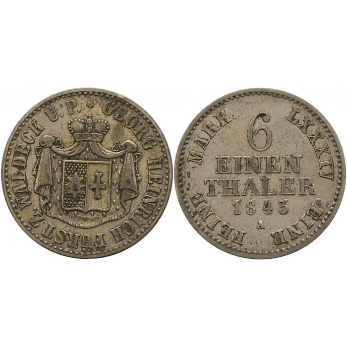 ВАЛЬДЕК-ПИРМОНТ 1/6 талера 1843 (KM# 150) Редкий. Георг II