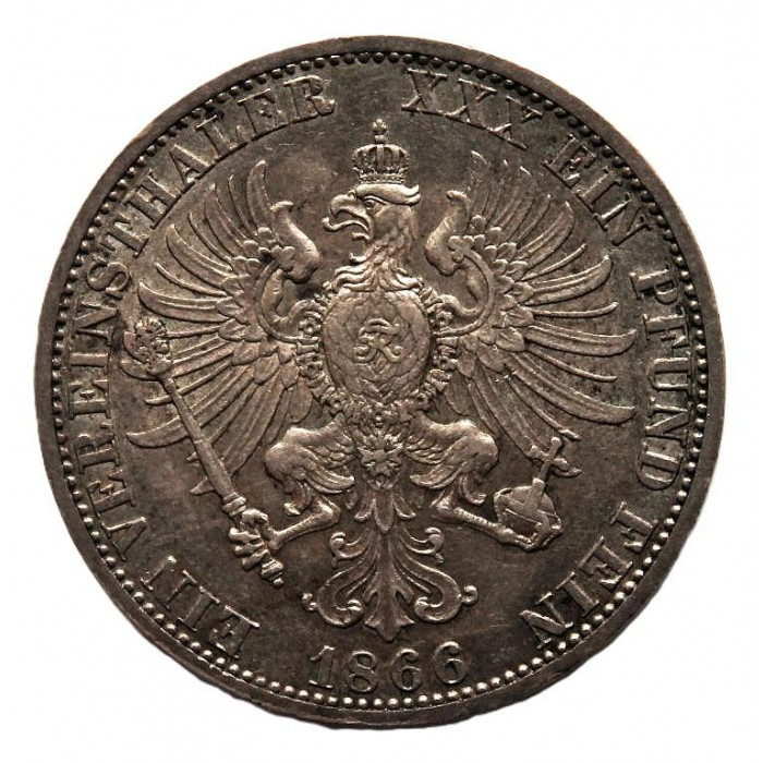 ПРУССИЯ 1 талер 1866 Вильгельм I. «Курсовой». Без венка на голове