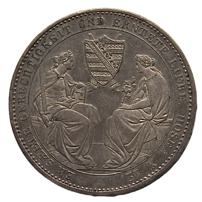 САКСОНИЯ 1 талер 1854 "На смерть Фридриха". KM#1180.2 (редкий вариант гурта)