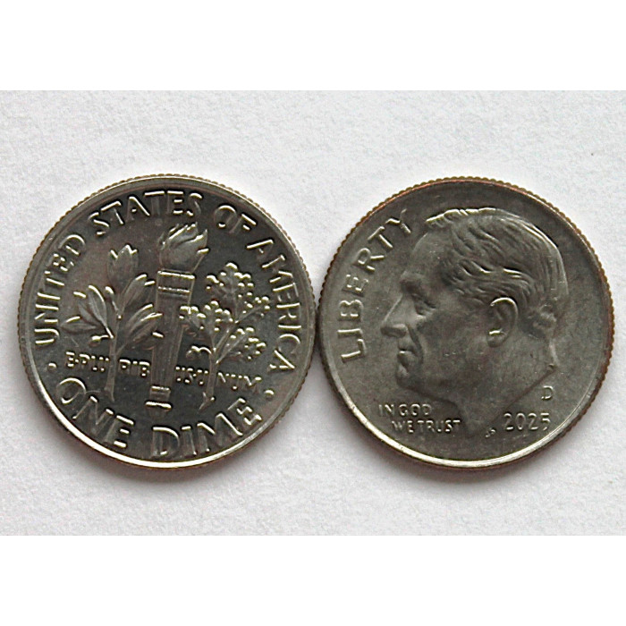 США 10 центов / дайм 2025 (D) UNC.  Рузвельт