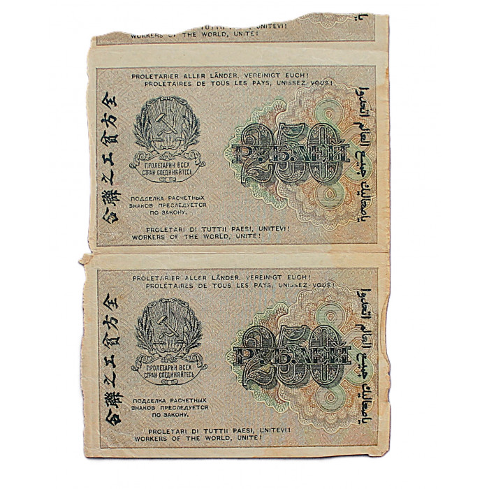 РСФСР 250 рублей 1919 (АВ-015. Лошкин) Сцепка из 2 расчетных знаков (комплект)