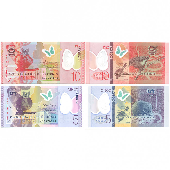 Сан-Томе и Принсипи 5 10 Добрас 2016 год UNC P# 70a, 71a Набор из 2 банкнот