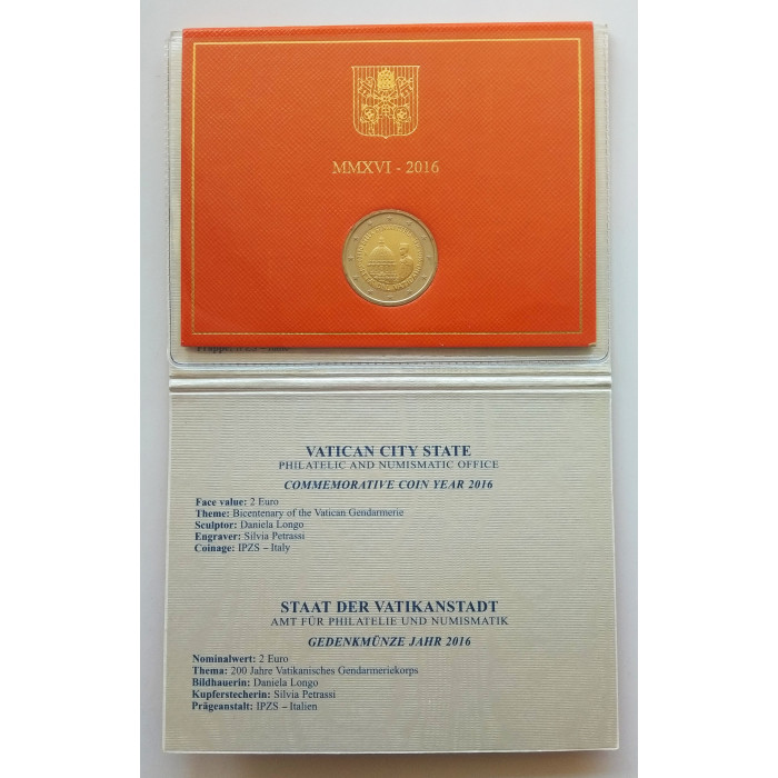 Ватикан 2 евро 2016 год UNC UC# 101 200 лет Папской жандармерии