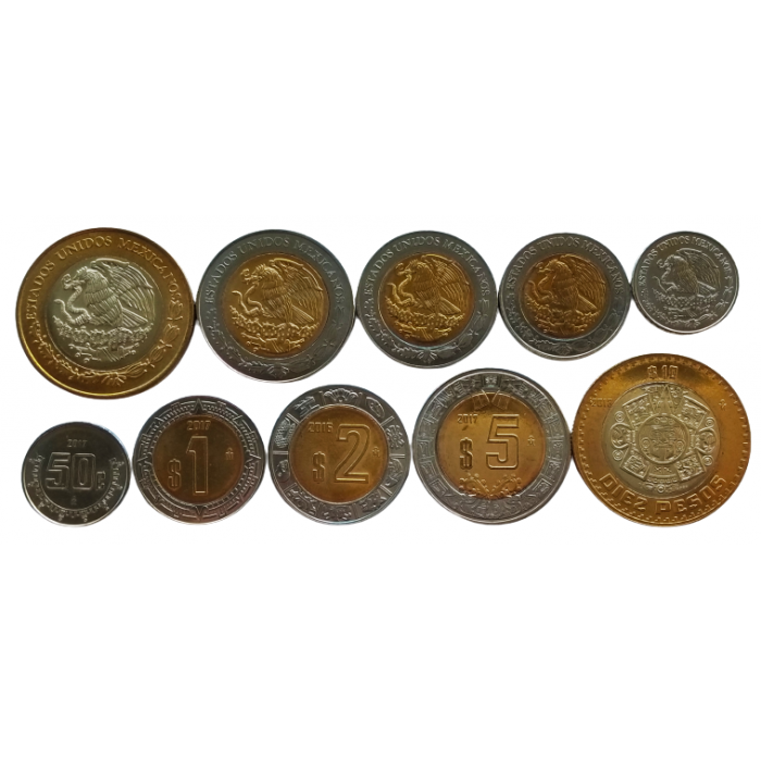 Мексика 50 сентаво 1 2 5 10 песо 2016-2018 год UNC KM# 603-605, 616, 936 Набор из 5 монет