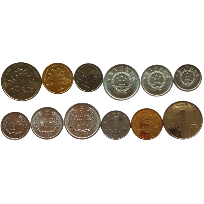 Китай КНР 1 2 5 феней 1 5 цзяо 1 юань 1986-2015 год UNC KM# 1, 2, 3, 1210b, 1212, 1411 набор из 6 монет