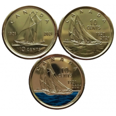 Канада 10 центов 2021 год UNC UC# 175,176,610 100 лет шхуне "Bluenose" набор из 3 монет