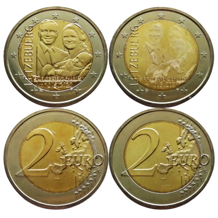 Люксембург 2 евро 2020 год UNC UC# 112 Рождение наследного Великого Герцога Чарльза набор из 2 монет (фото+рельеф)