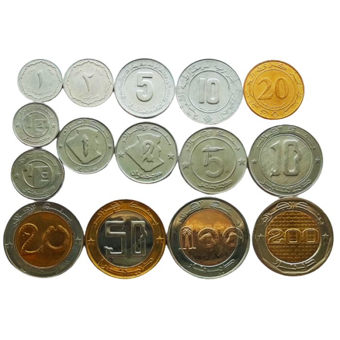 Алжир 1 2 5 10 20 сантимов 1/4 1/2 1 2 5 10 20 50 100 200 динаров 1964 - 2018 год UNC KM# 94 95 UC# 115 116 118 123-130 132 140 Набор из 15 монет