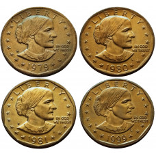 США 1 доллар 1979 1980 1981 1999 год UNC KM# 207 Сьюзен Энтони Набор 4 монеты (P+D+S)