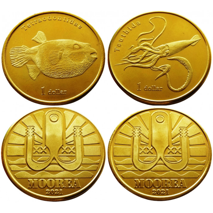 Остров Муреа 1 Доллар 2021 год UNC Иглобрюх и Кальмар Набор из 2 монет