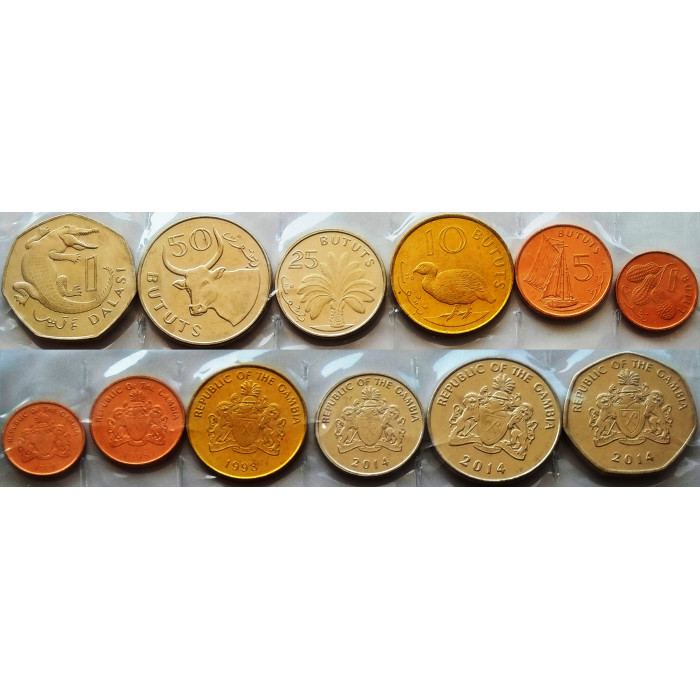Гамбия 1 5 10 25 50 бутутов 1 даласи 1998-2021 год UNC Набор из 6 монет