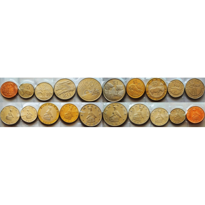 Зимбабве 1 5 10 20 50 центов 1 2 5 10 25 долларов 1997-2003 год UNC KM# 1a, 2, 3a, 4a, 5a, 6a, 12a, 13, 14, 15 Набор из 10 монет