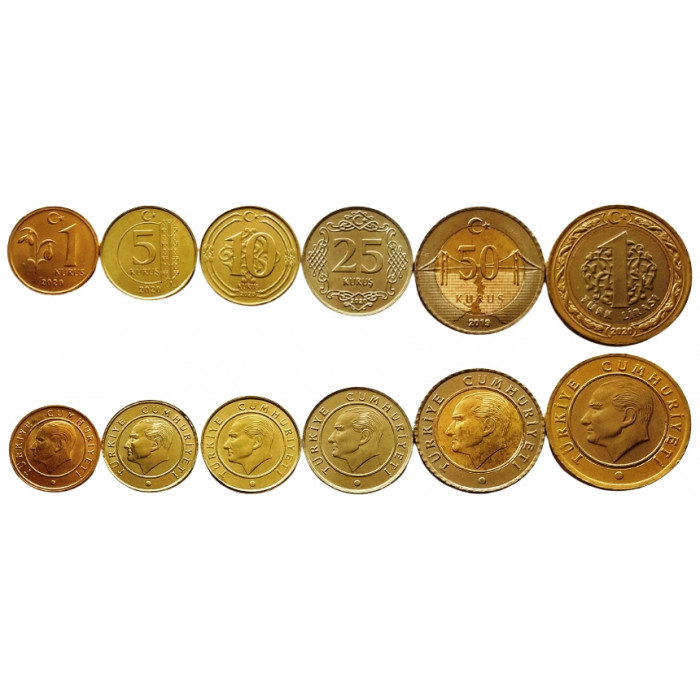 Турция 1 5 10 25 50 курушей 1 лира 2020 год UNC Набор из 6 монет