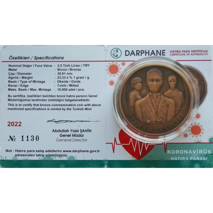 Турция 2 1/2 лиры 2022 год UNC UC# 361 Медики в борьбе с Ковид-19