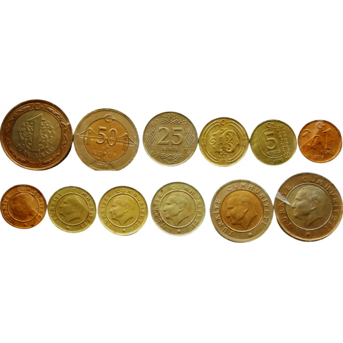 Турция 1 5 10 25 50 курушей 1 лира 2010-2016 год UNC Набор из 6 монет