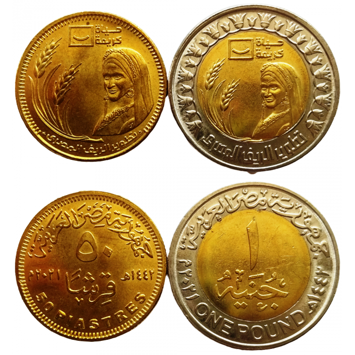 Египет 50 пиастров 1 фунт 2021 год UNC UC# 121 122 Развитие Египетской сельской местности Набор из 2 монет