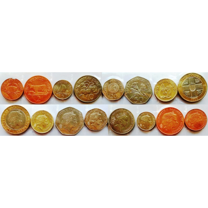 Гернси 1 пенни 2 5 10 20 50 пенсов 1 2 фунта 1992-2009 год UNC Набор из 8 монет