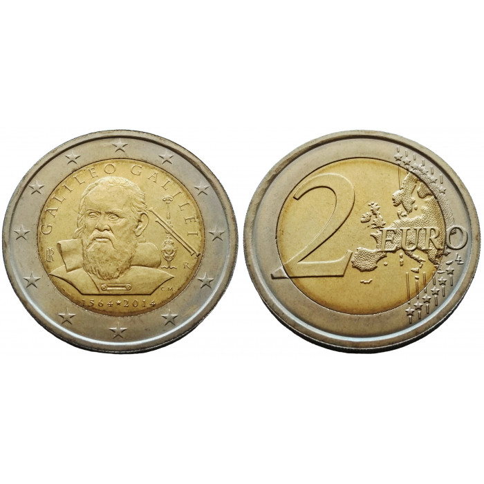 Италия 2 евро 2014 год UNC KM# 377 450 лет со дня рождения Галилео Галилея