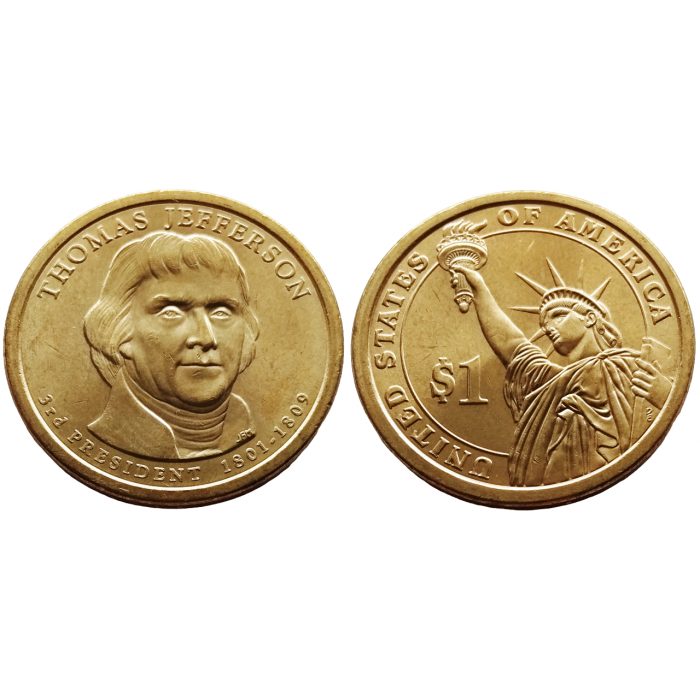 США 1 Доллар 2007 D год UNC Президенты № 3 Томас Джеферсон (1801-1809)