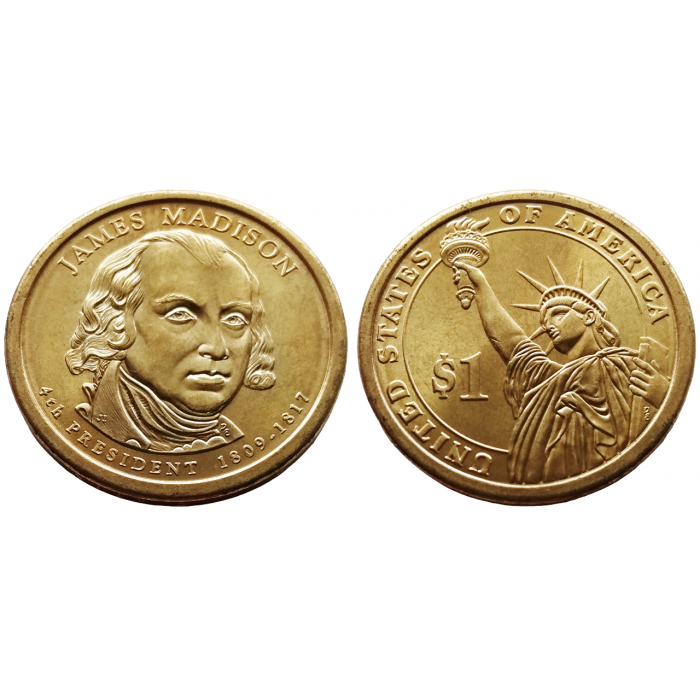 США 1 Доллар 2007 P год UNC Президенты № 4 Джеймс Мэдисон (1809-1817)