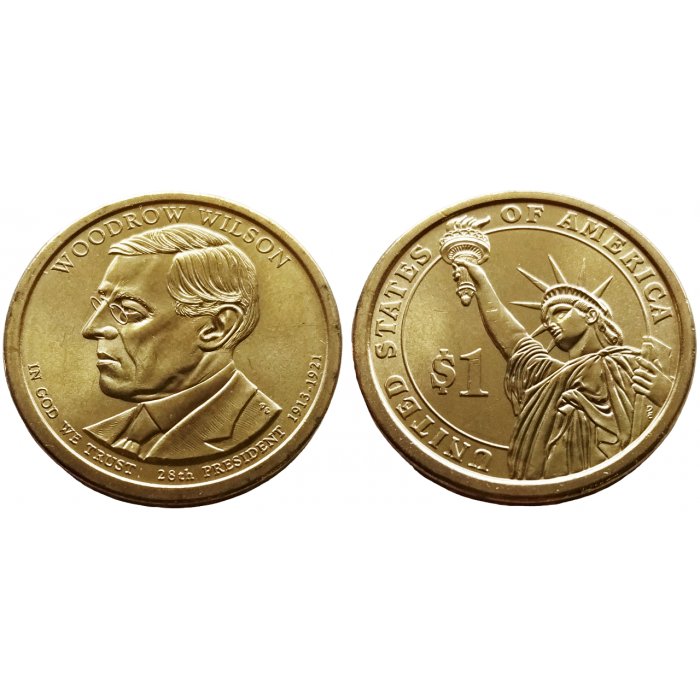США 1 Доллар 2013 D год UNC Президенты № 28 Томас Вудро Вильсон (1913–1921)